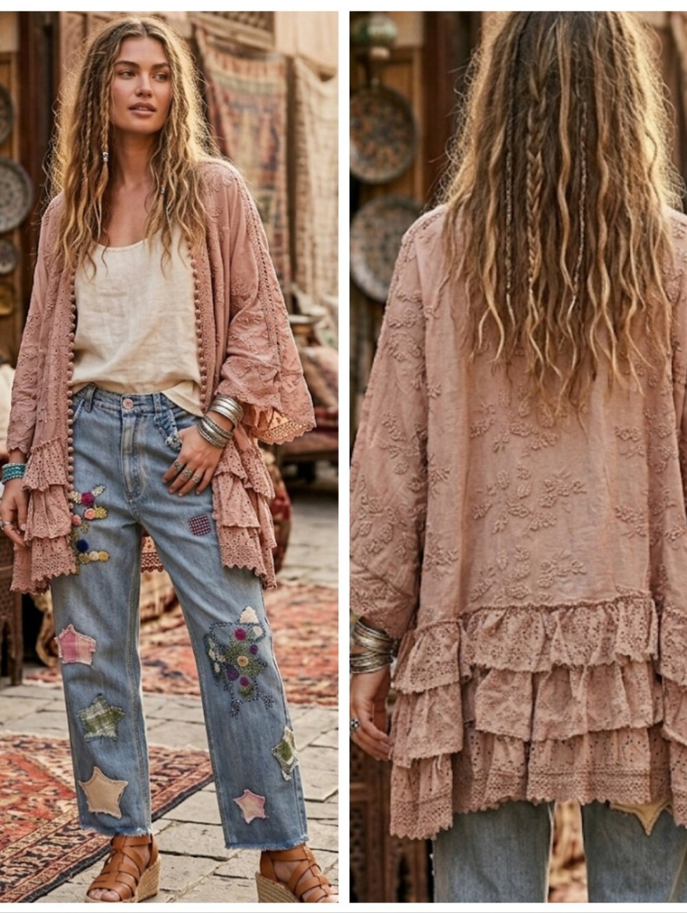 Mauve Pink Embroidered Ruffle Kimono Eyelit Kimono Cardigan